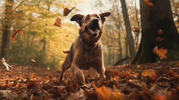 um cachorro correndo pelas folhas da floresta