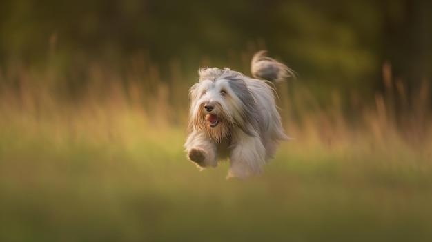 Um cachorro correndo por um campo com o sol brilhando em seu rosto.