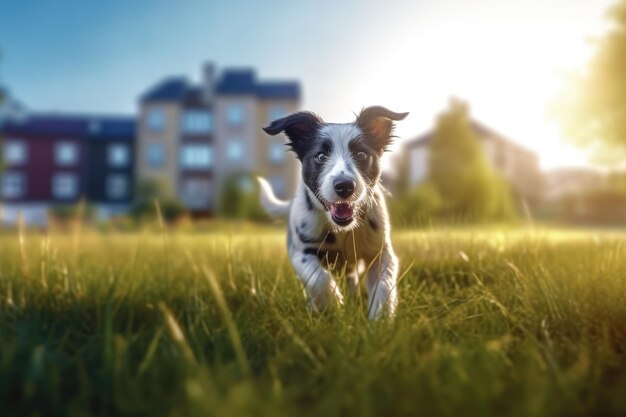 Um cachorro correndo por um campo com um prédio ao fundo.