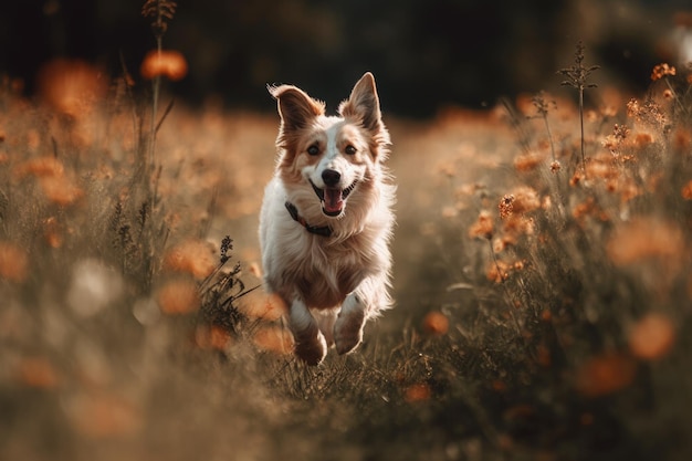 Um cachorro correndo por um campo de flores Generative AI