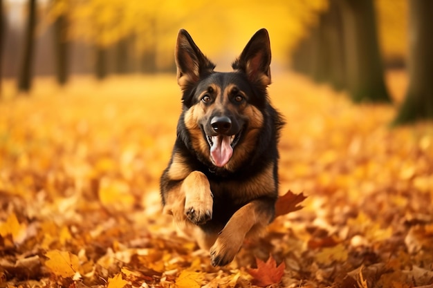 um cachorro correndo por um campo de folhas