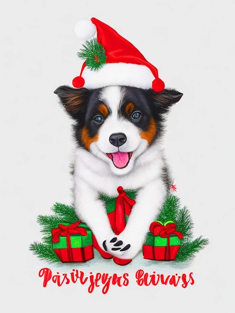 Um cachorro de border collie vestindo um chapéu vermelho de Natal sentado ao lado de uma árvore de Natal feita de p