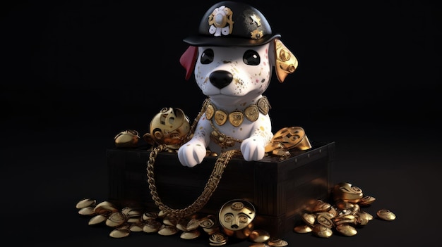 Um cachorro de brinquedo com um chapéu e um chapéu senta-se em um baú de moedas de ouro.