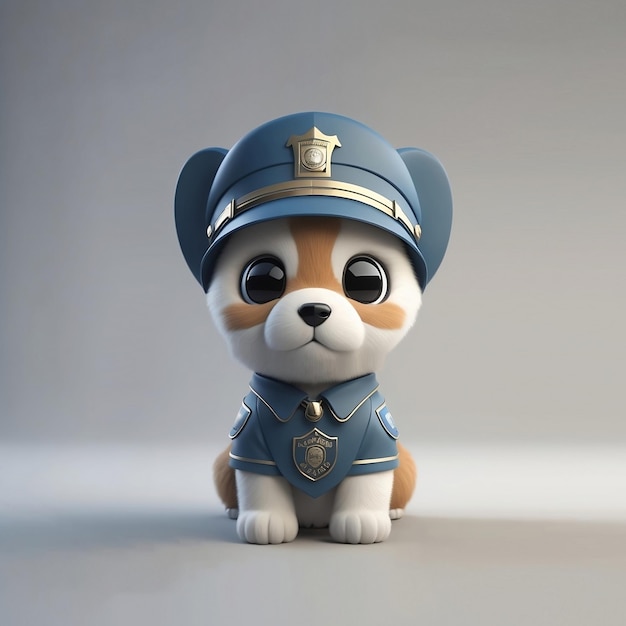 Um cachorro de brinquedo vestindo um uniforme da polícia está sentado em uma superfície branca.