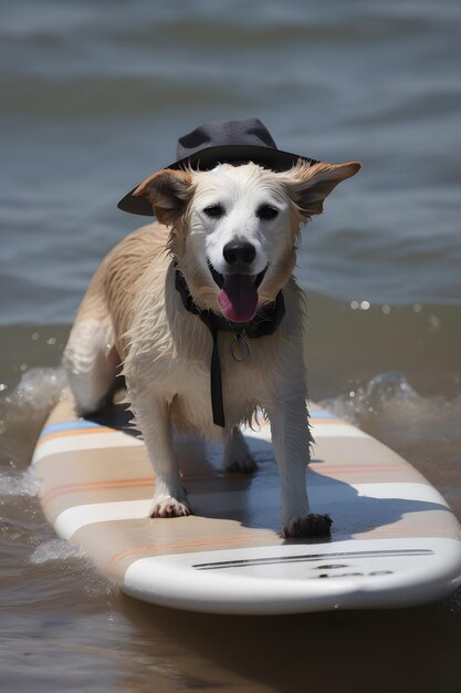 Um cachorro de chapéu anda em uma prancha de surfe no oceano.