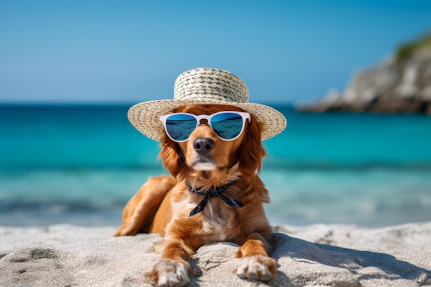 Um cachorro de chapéu e óculos de sol na praia Férias de verão com animais de estimação