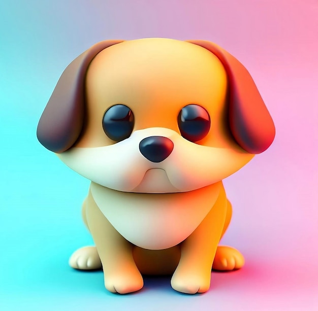 Um cachorro de desenho animado com olhos grandes senta-se em um fundo rosa e azul.