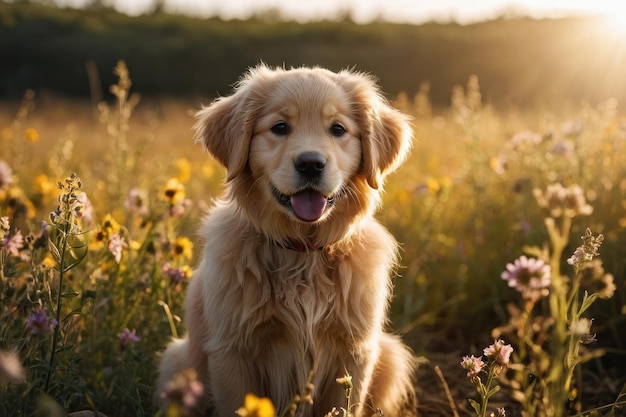 Um cachorro de golden retriever fofo com grandes olhos castanhos sentado em um campo de flores silvestres