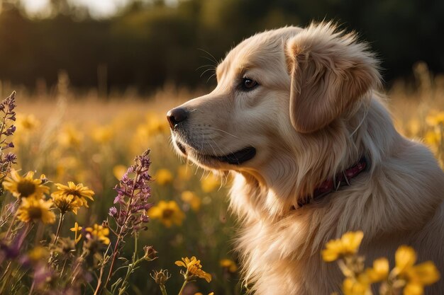 Um cachorro de golden retriever fofo com grandes olhos castanhos sentado em um campo de flores silvestres