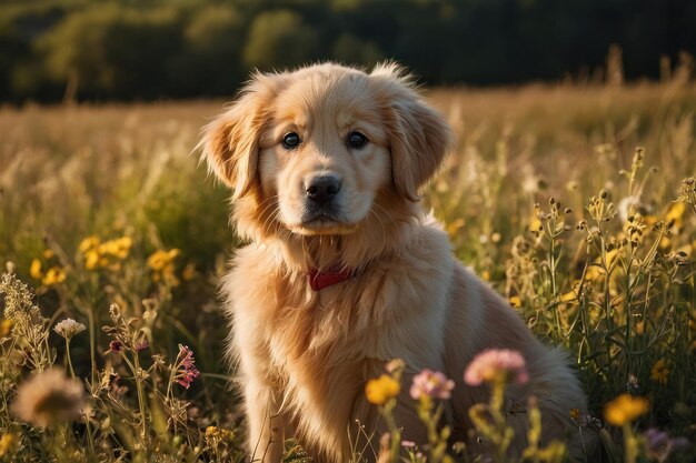 Um cachorro de golden retriever fofo com grandes olhos castanhos sentado em um campo de flores silvestres