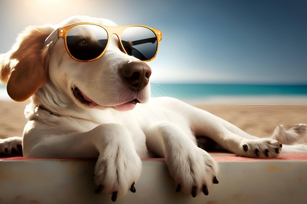 Um cachorro de óculos de sol está de férias na praia Generative AI 1