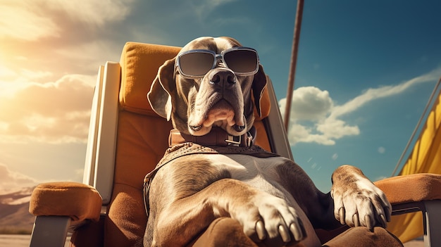 um cachorro de óculos escuros está sentado em uma cadeira de praia com o sol atrás dele.