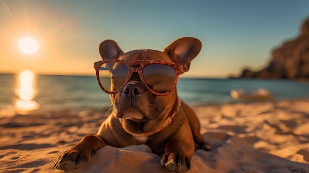 Um cachorro de óculos escuros está sentado em uma praia com o sol se pondo atrás dele.