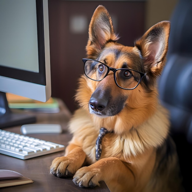 Um cachorro de óculos está sentado em uma mesa com um monitor de computador.