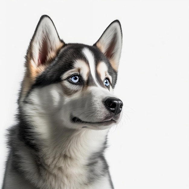 Um cachorro de olhos azuis e focinho preto.