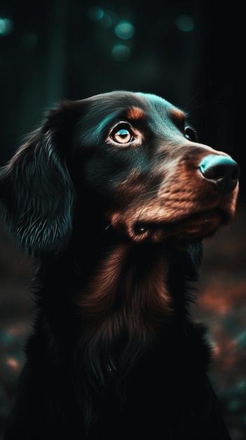 Um cachorro de olhos azuis olha para o céu.