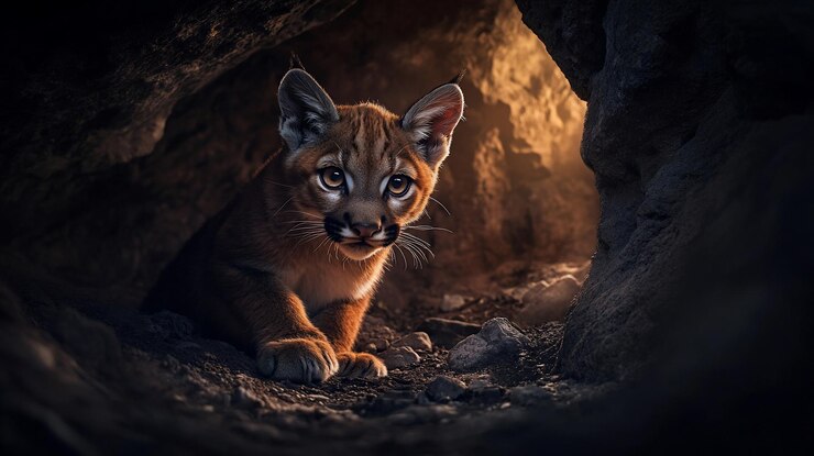 Foto um cachorro de puma jovem olhando de uma caverna escura