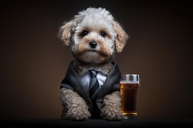 Um cachorro de terno e gravata com um copo de cerveja