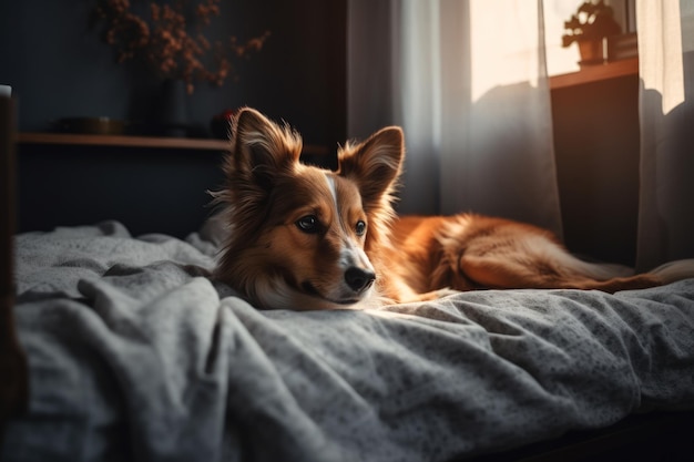 Um cachorro deitado em uma cama em frente a uma janela