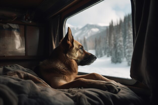 Um cachorro deitado na cama aconchegante dentro da van de campista com vista para montanhas generativas ai