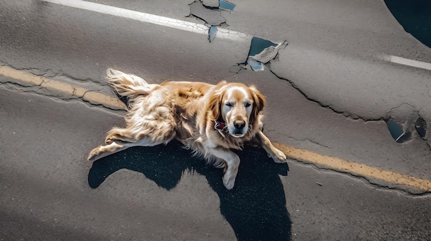 um cachorro deitado na estrada com uma etiqueta vermelha na coleira