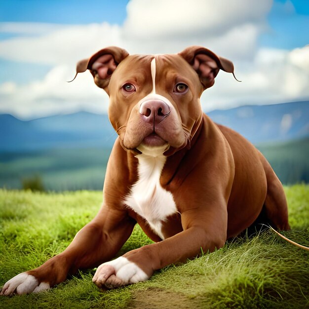 Um cachorro deitado na grama com a palavra pit nele