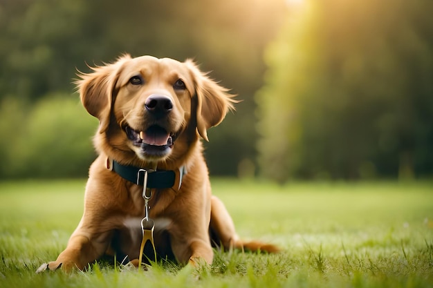 Um cachorro deitado na grama com uma coleira que diz 'cachorro'