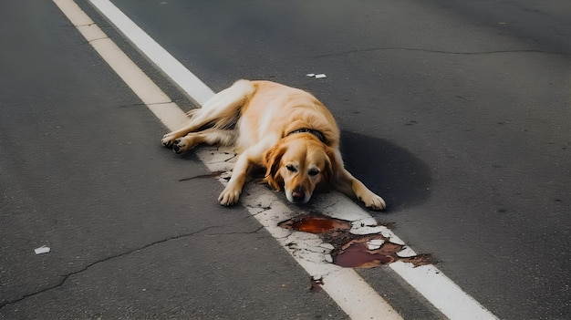 um cachorro deitado na rua com uma coleira no pescoço.