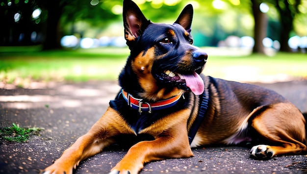 Um cachorro deitado no chão com a língua para fora