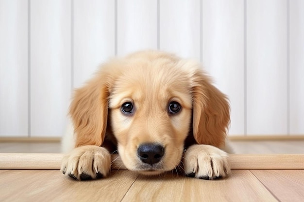 Um cachorro deitado no chão olhando para a câmera