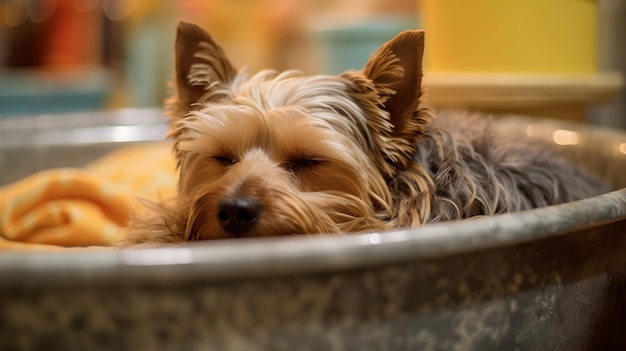 um cachorro dormindo em uma banheira com os olhos fechados.