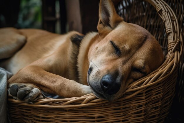 Um cachorro dormindo pacificamente em uma cesta criada com IA generativa