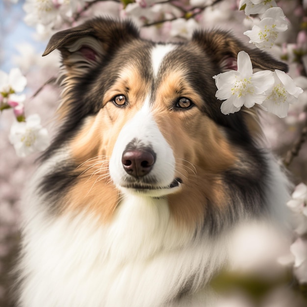 Um cachorro é cercado por flores e a palavra "aussie" na frente.