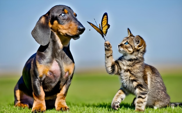 um cachorro e um gato brincam com uma borboleta que está na grama.