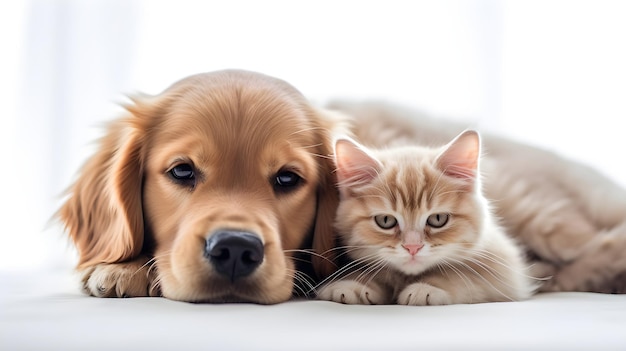 Um cachorro e um gato deitados juntos