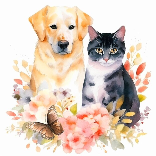 Quadro Decorativo Cachorros E Gatos Desenho Aquarela 4874