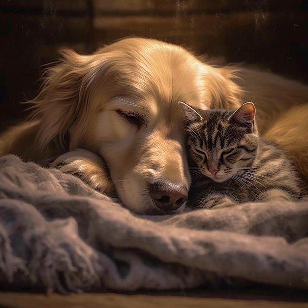 um cachorro e um gato estão deitados em um cobertor com um cachorro.