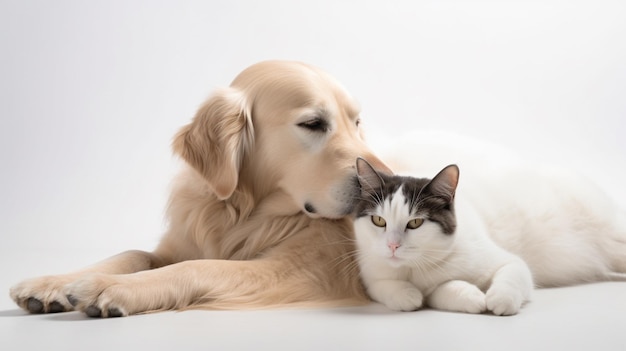 Um cachorro e um gato estão deitados juntos.