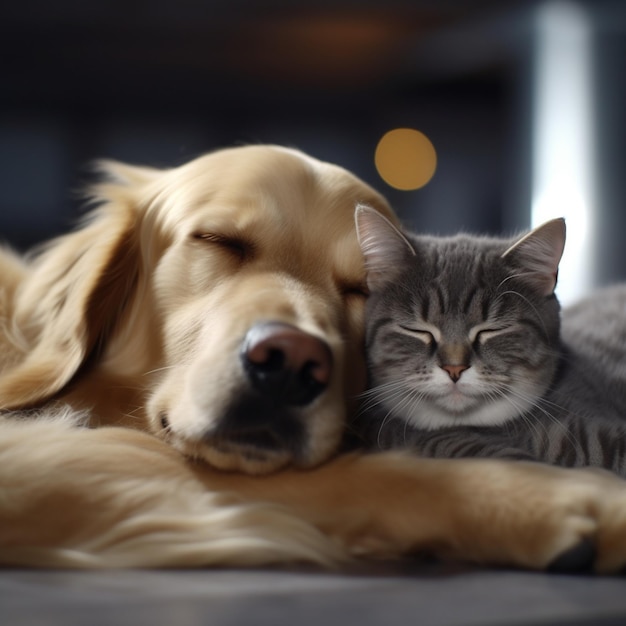 um cachorro e um gato estão deitados um ao lado do outro.