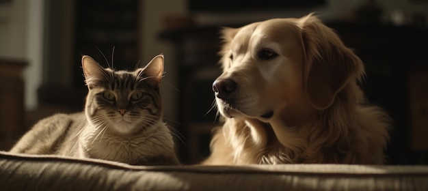 Foto um cachorro e um gato estão em uma cama.