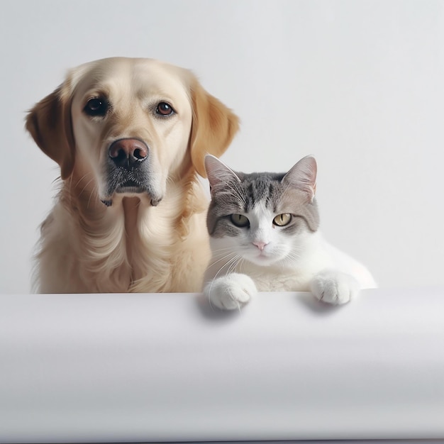 Um cachorro e um gato estão olhando para a câmera.