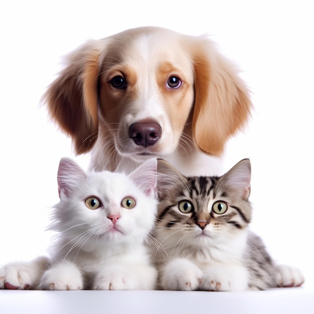 um cachorro e um gato estão posando para uma foto com um cachorro e um gato.