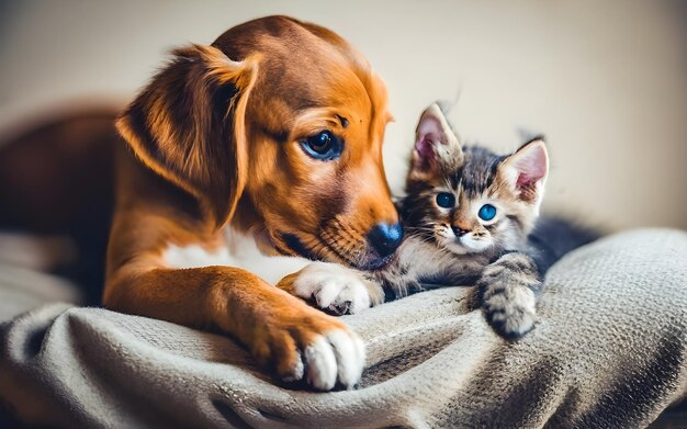 Um cachorro e um gato estão se olhando.