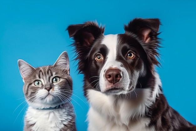 Um cachorro e um gato estão sentados juntos.