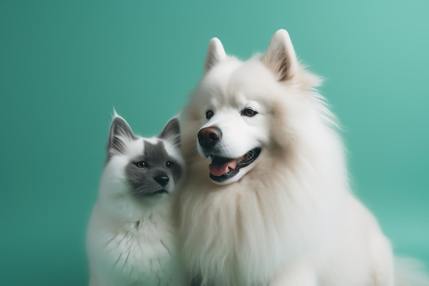 Um cachorro e um gato estão sentados juntos.