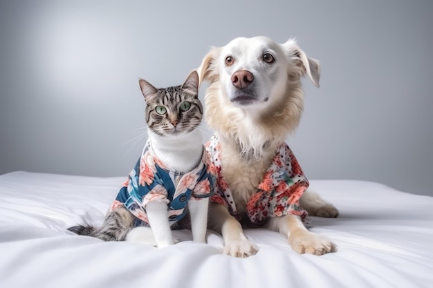 Um cachorro e um gato estão vestindo quimonos e sentados em uma cama