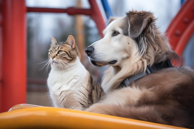 Um cachorro e um gato passeando juntos na montanha-russa criada com IA generativa