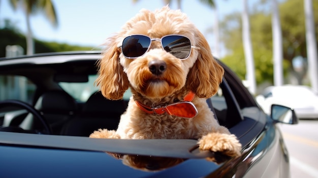 Um cachorro em óculos de sol senta-se em um dia ensolarado de carro Generative AI