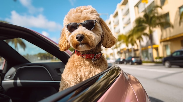 Um cachorro em óculos de sol senta-se em um dia ensolarado de carro Generative AI