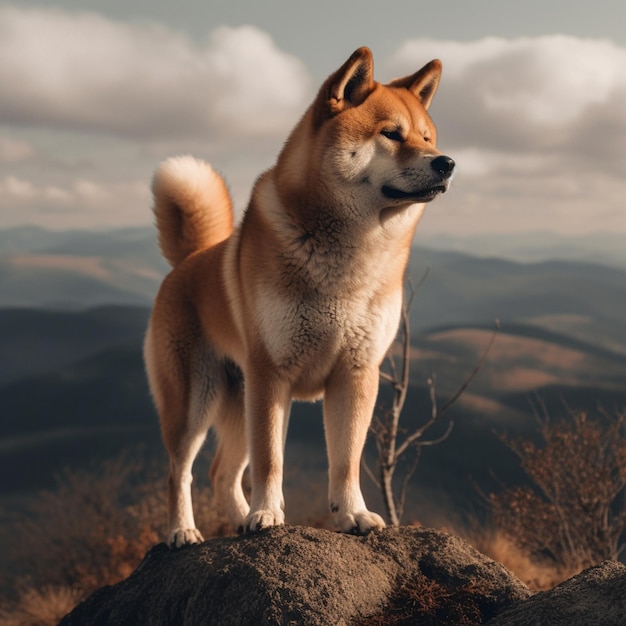 Um cachorro em pé sobre uma pedra com a palavra shiba escrita